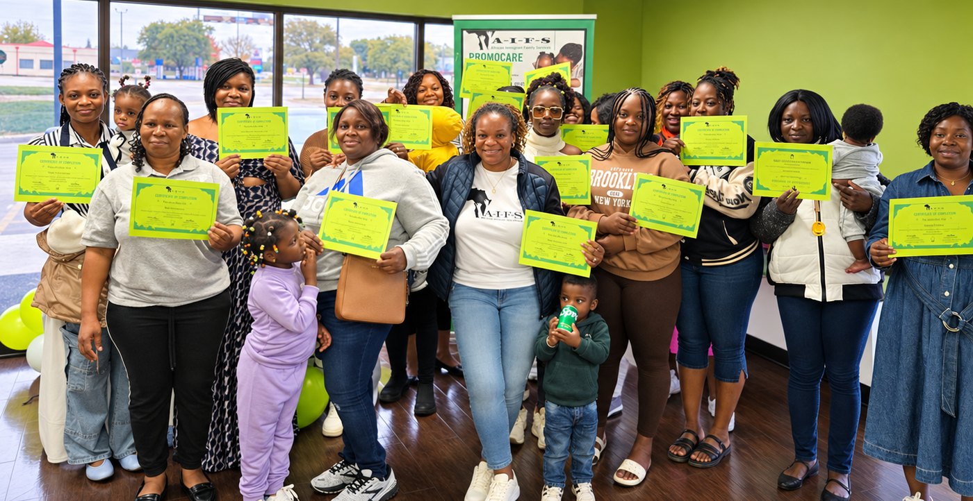 Adult learners and their children holding certificates of completion