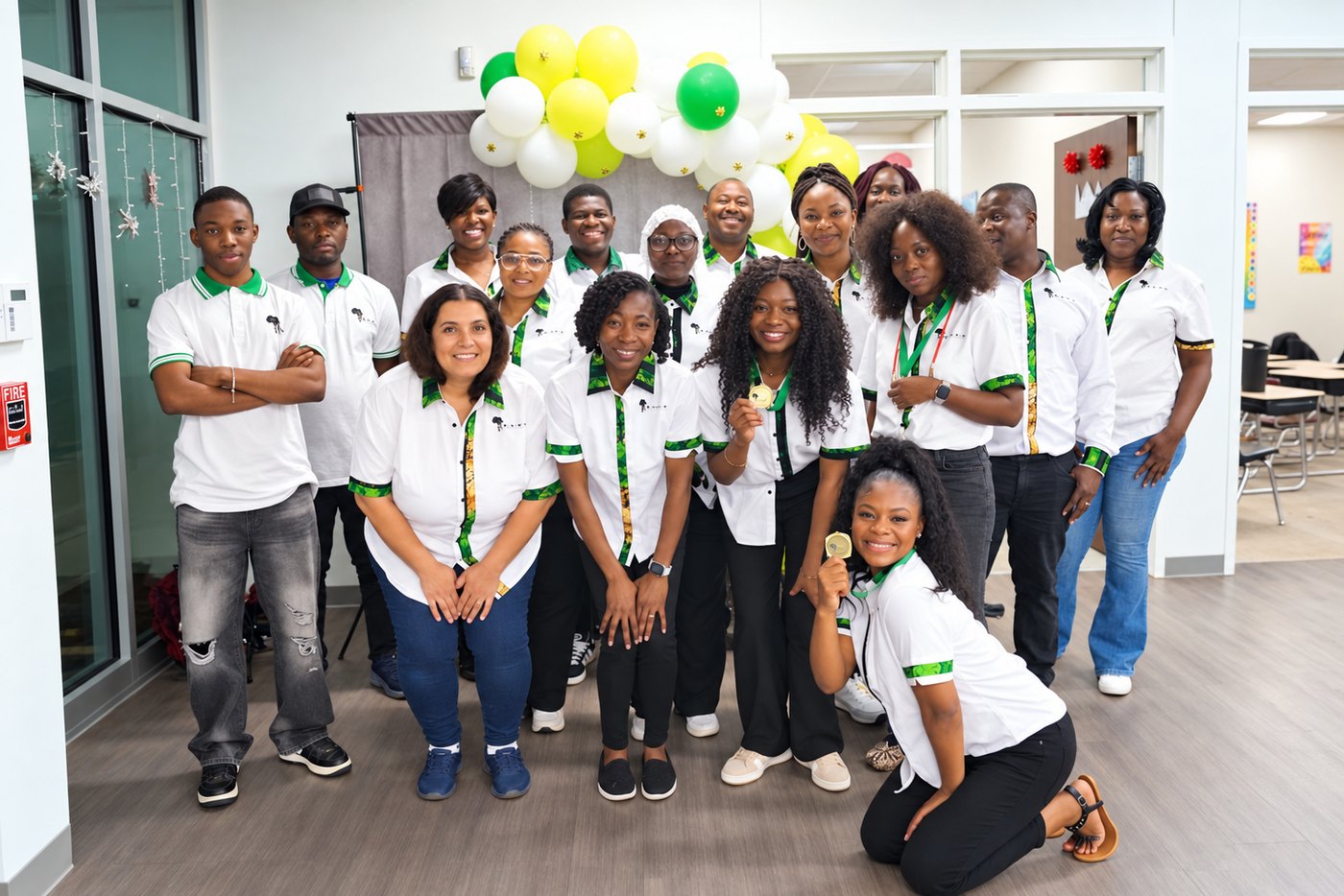 AIFS staff and volunteers in matching white AIFS shirts with African-print trim at an AIFS celebration