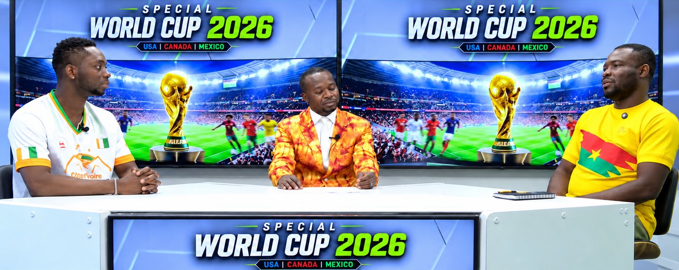 An AIFS WEB TV host and two guests at the studio desk during the Sport & Society World Cup 2026 show